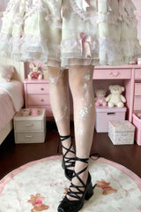White [Falling Cherry Blossom] Printed Sheer Sweet Japanese Lolita Pantyhose - Product - 2