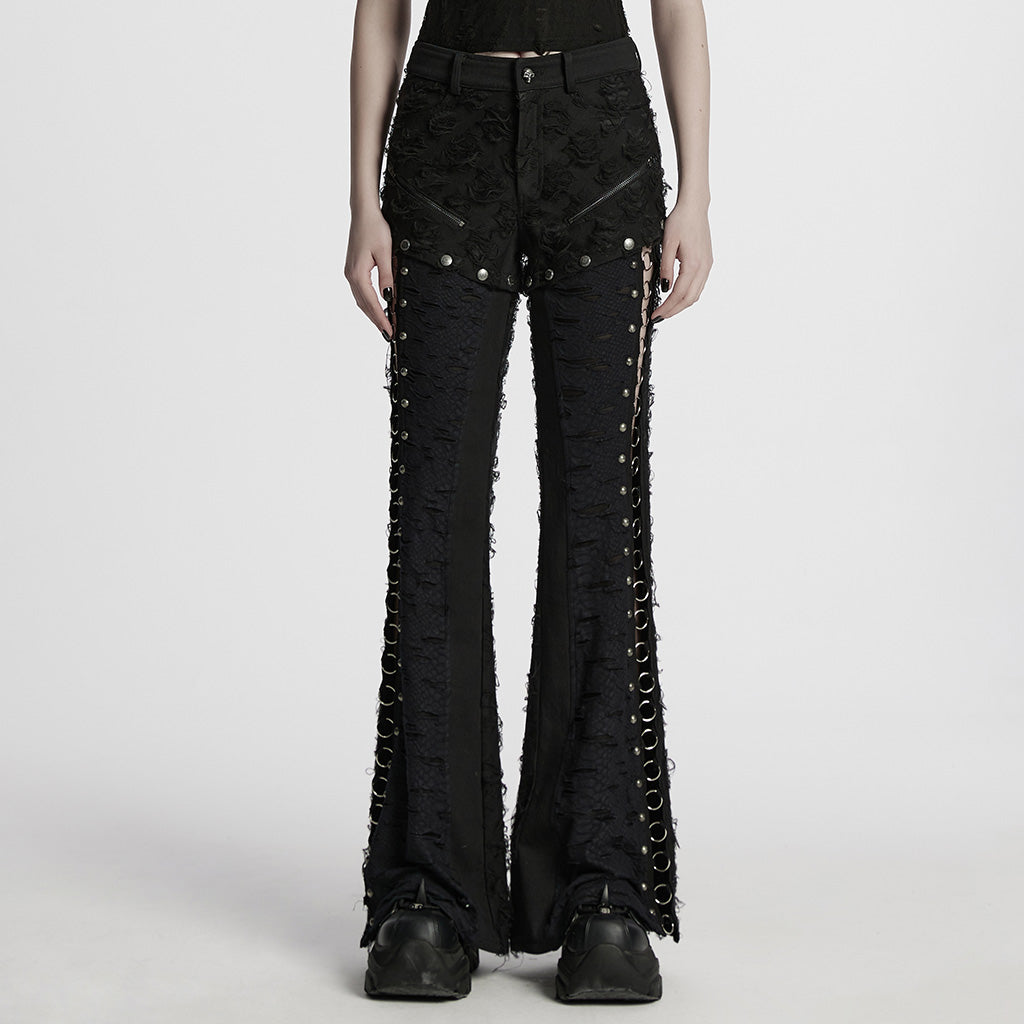 Black Stitching Ripped Metal Ring Women's Punk Split Detachable Pants - Black - 1