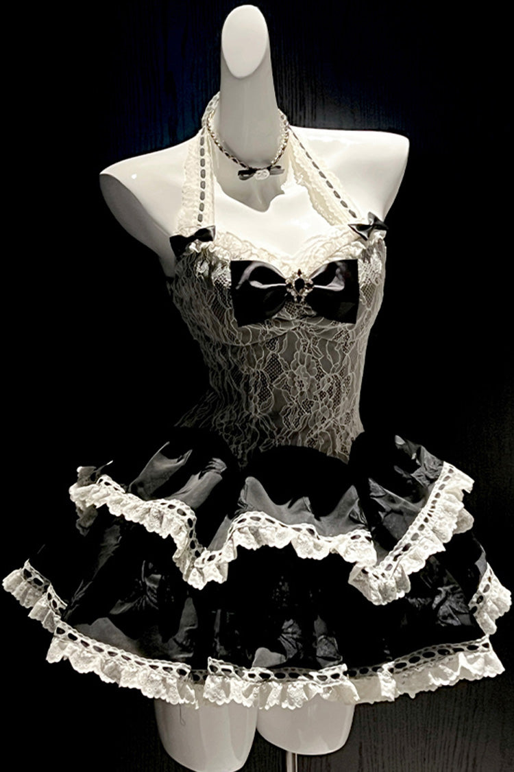 Black [Asking For A Kiss] Halterneck Double-Layered Bowknot Lace Gothic Lolita Dress - Product - 3