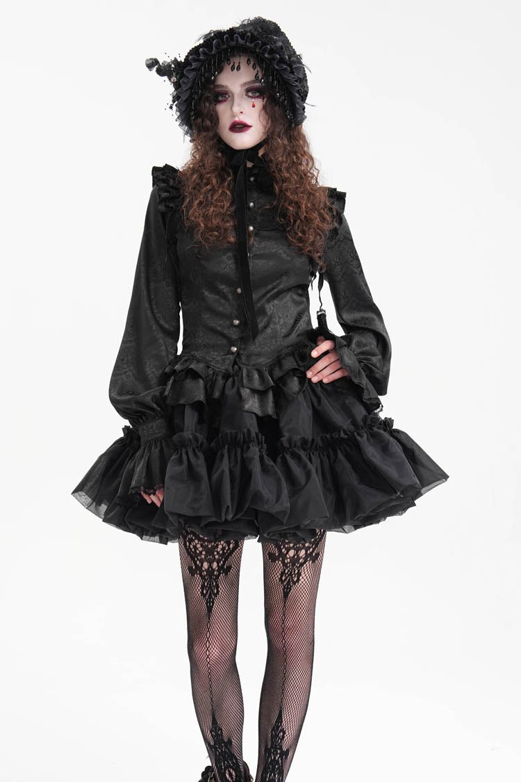 Black Long Sleeves Print Ruffle Lace Women's Gothic Blouse - Product - 7