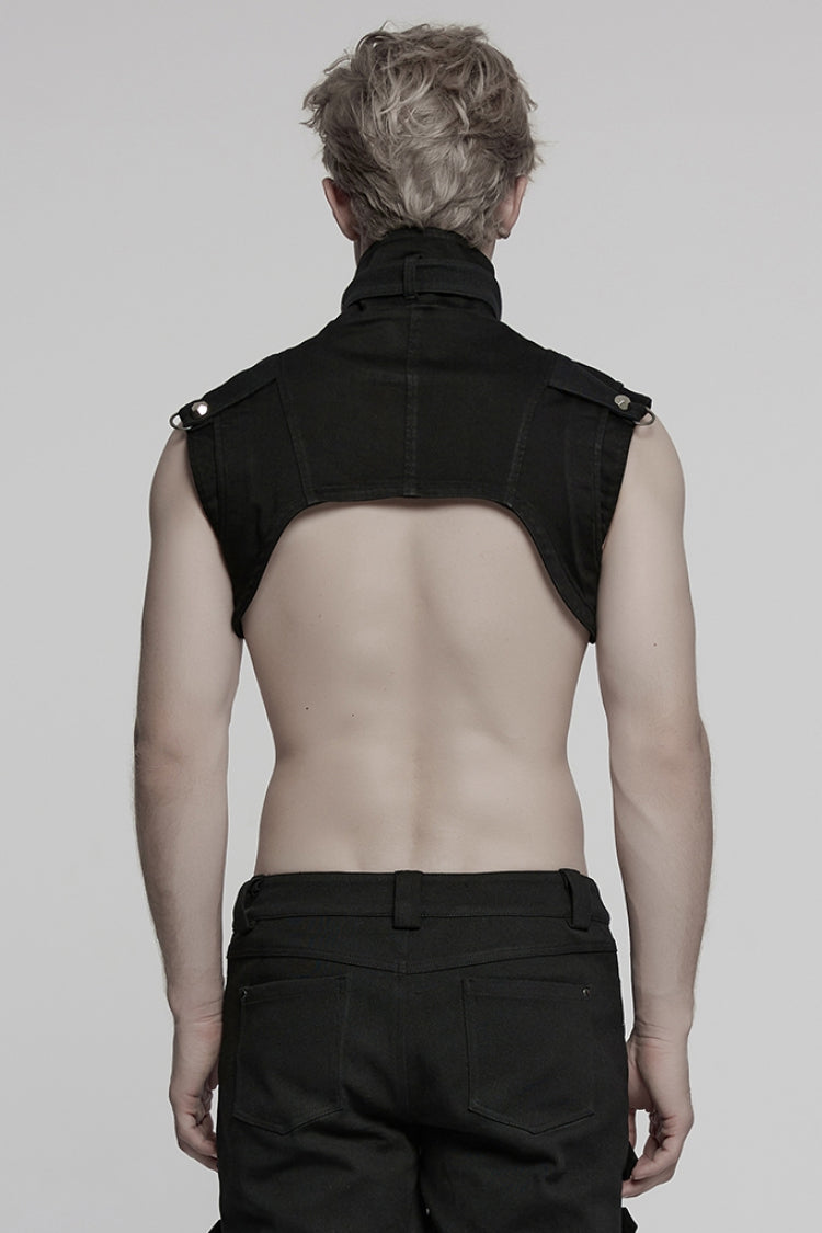 Black Stand Collar Sleeveless Rivet Zipper Men's Punk Cape - Product - 3