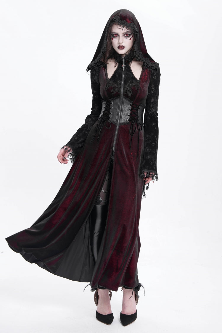 Red Long Sleeves Hollow Embroidery Hooded Ripped Women's Gothic Dress Coat - Product - 5