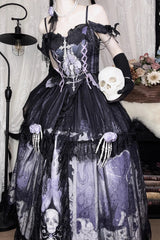 Black/Blue [Skull Magic] Print Ruffle Bowknot Gothic Elegant Lolita Skirt Two-Piece Set - Product - 17