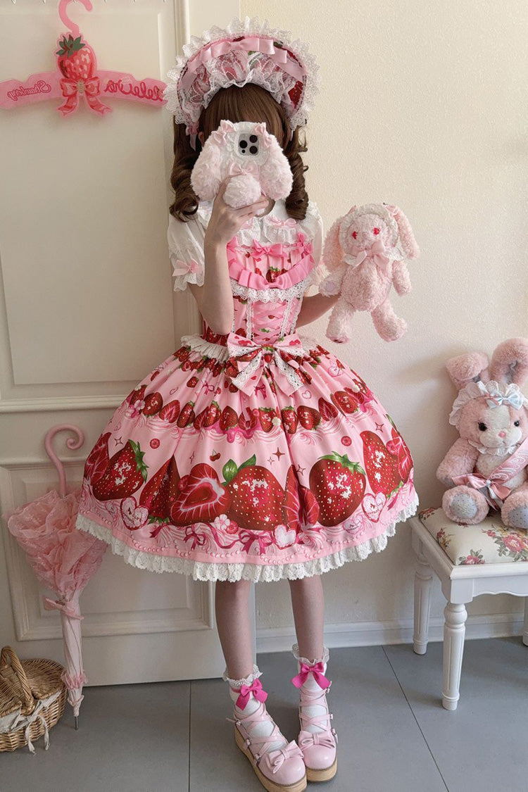 [Sweet Berry Tale] Strawberry Print Ruffle Bowknot Lace Sweet Lolita Jsk Dress 4 Colors - Product - 12