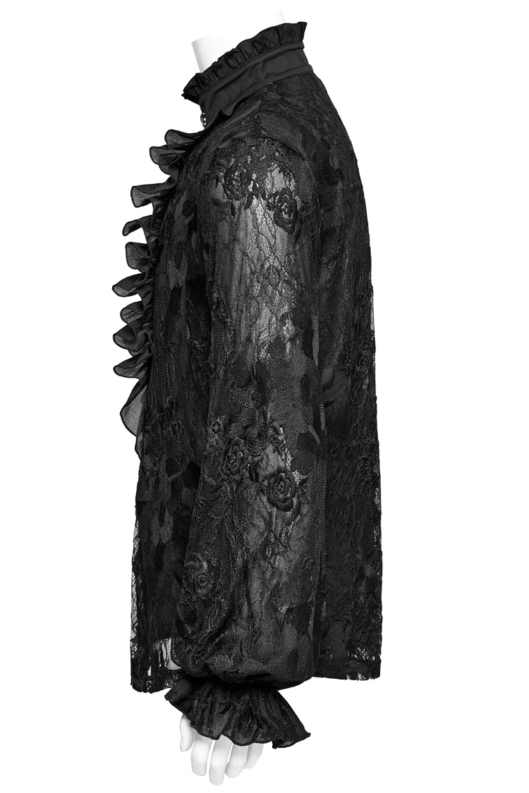 Black Stand Collar Lantern Sleeves Print Ruffle Lace Men's Gothic Blouse - Product - 6