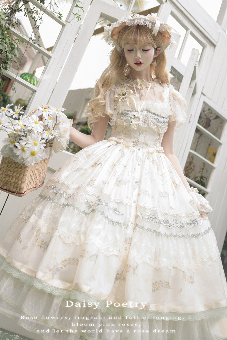 Multi-Color [Daisy Poetry] Print Ruffle Hollow Embroidery Lace Sweet Elegant Princess Lolita Jsk Dress - Product - 3