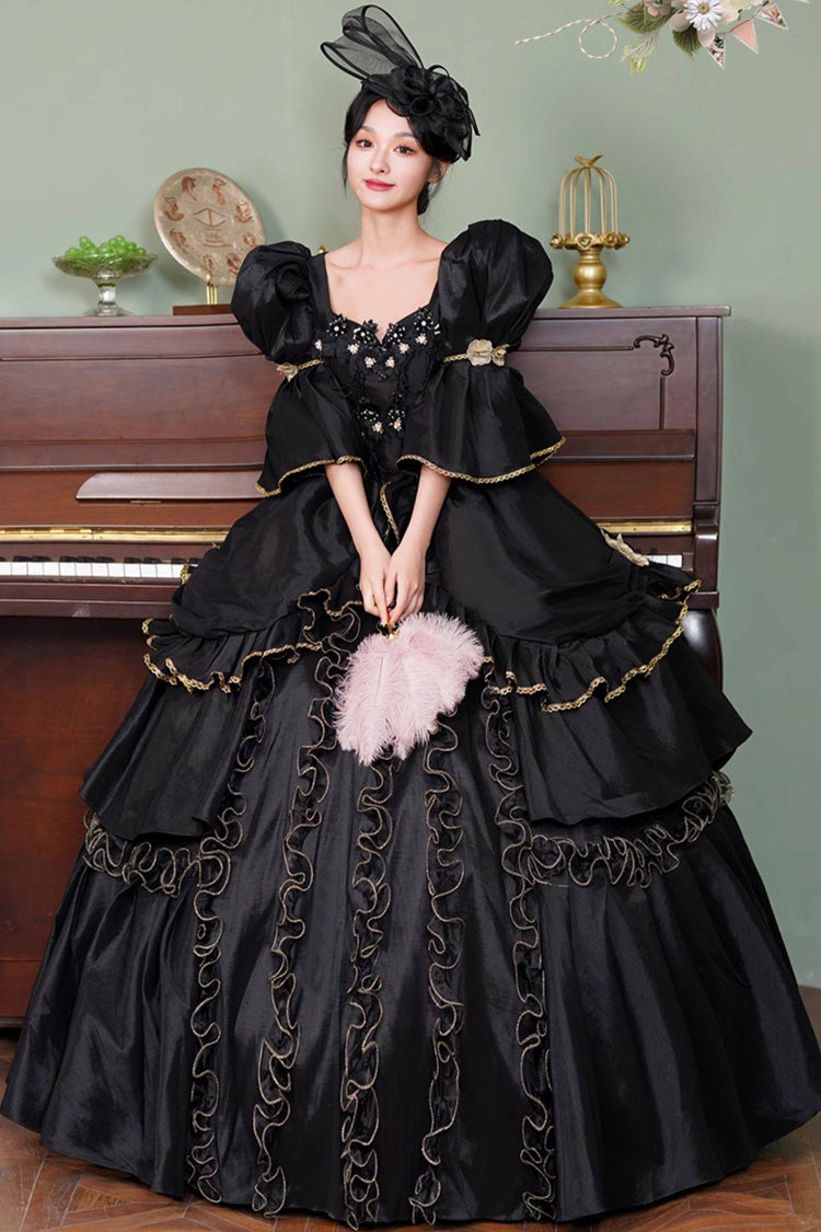 Black Square Collar Half Trumpet Sleeves Double-Layered Ruffled Open-Front Gothic Vintage Palace Lolita Victorian Dress - Product - 2