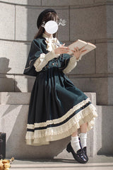 Green [Artemis SP] Ruffle Bowknot Lace College Style Elegant Lolita Jumper Dress - Product - 5