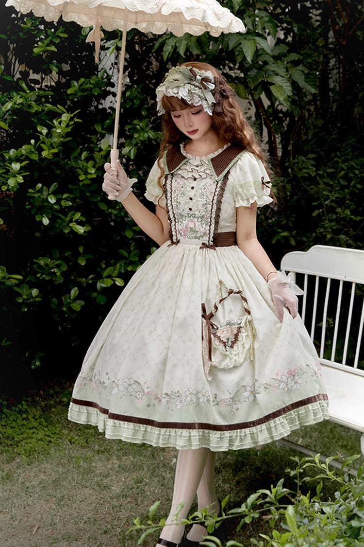 Green/Ivory [Lily] Short Sleeves Print Ruffle Embroidery Bowknot Lace Sweet Elegant Lolita Dress - Product - 2