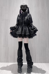 Black [False Judgment] Ruffled Lace Zippered Gothic Jirai Kei Japanese Handsome Skirt Set - Product - 4