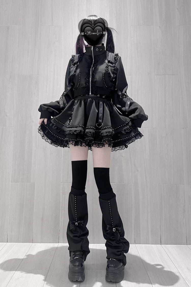 Black [False Judgment] Ruffled Lace Zippered Gothic Jirai Kei Japanese Handsome Skirt Set - Product - 4