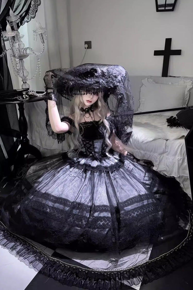 Grey/Blue [Mist-shrouded Vineyard] Sleeveless Ruffle Bowknot Lace-Up Sweet Lolita Jsk Skirt Dress Set - Product - 2
