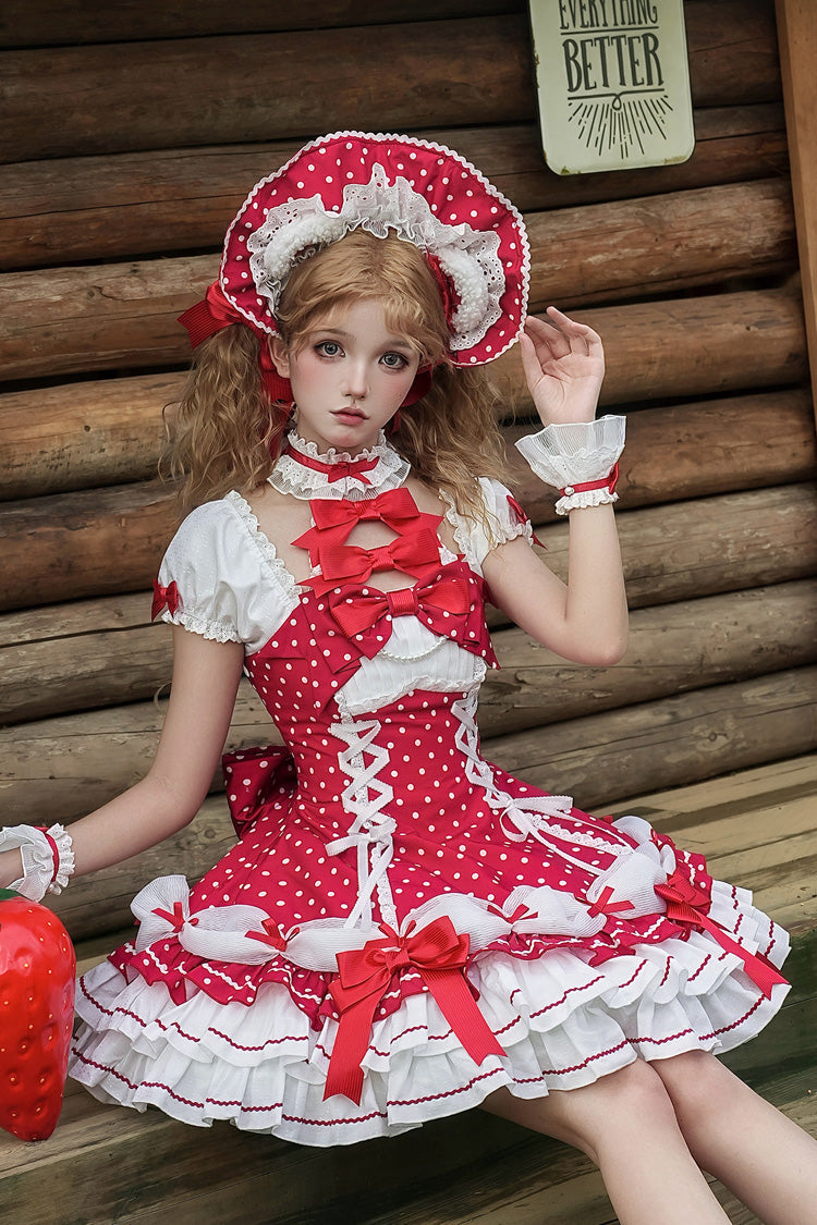 Wine Red Halterneck Short Sleeves Triple-Layered Polka Dot Printed Bow Lace-Up Sweet Lolita Dress - Product - 5