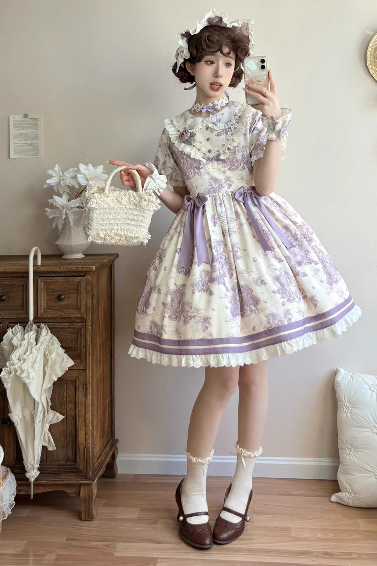 Purple [Grape Moon Almanac] Short Sleeves Multi-Layered Printed Ruffled Bow Sweet Lolita Dress - Product - 3