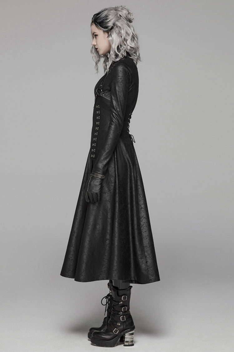 Black Stand Collar Long Sleeves Metal Ring Woven Strap Womens Gothic Long Coat - Product - 2