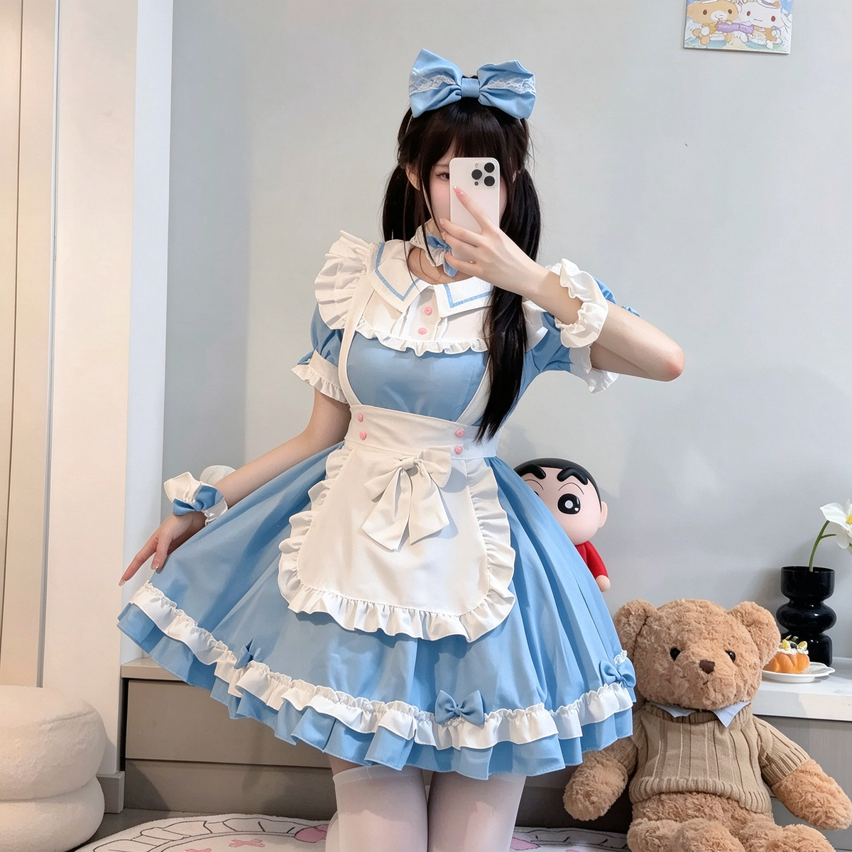 Light Blue Ruffled Maid Lolita Dress with Apron Bow Accent - view 4