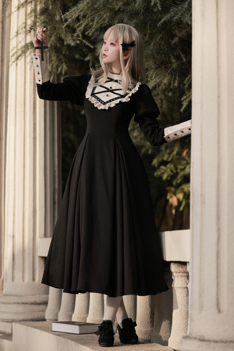 Black Nun Style Stand Collar Long Sleeves Ruffle Bowknot Gothic Elegant Lolita Dress - Product - 6