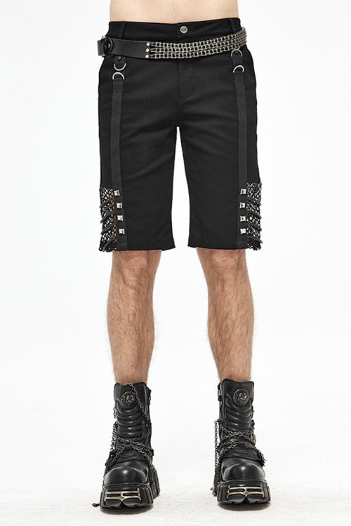 Black Punk Rough Rope Mesh Spliced Mens Fifth Pants - Black - 1