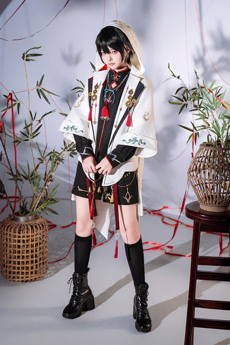 Black/White [Mountain Spirit] Long Sleeves Embroidered Hooded Classic Chinese Inspired Ouji Lolita Shorts Set - Product - 9