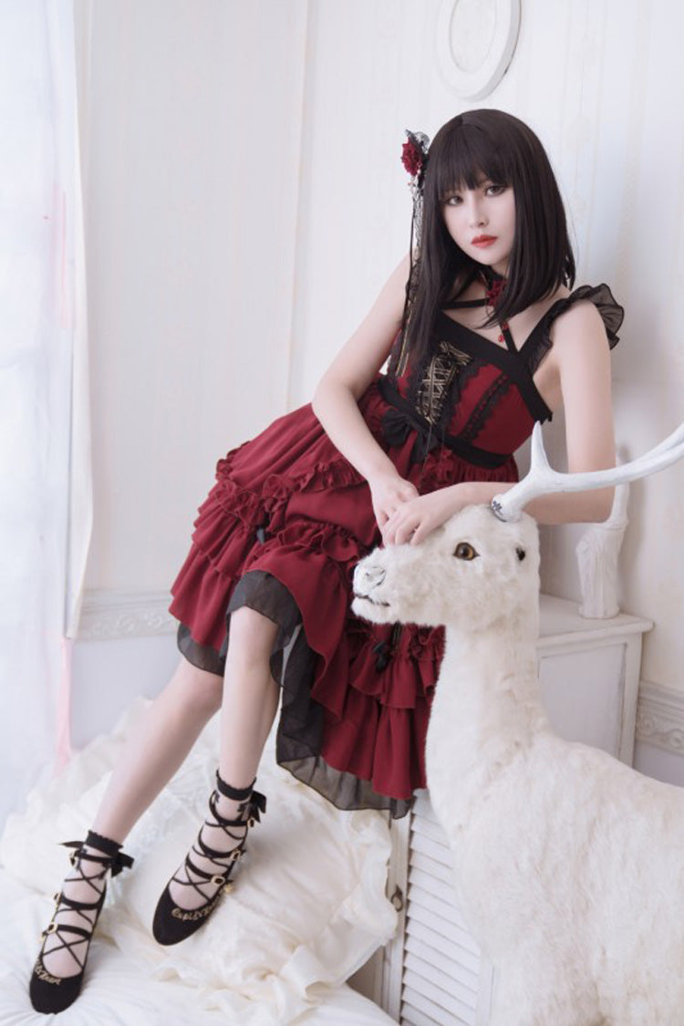 Red [Seven Deadly Sins - Wrath] Double-Layered Ruffle Stitching Lace Gothic Lolita Jsk Dress - Product - 2