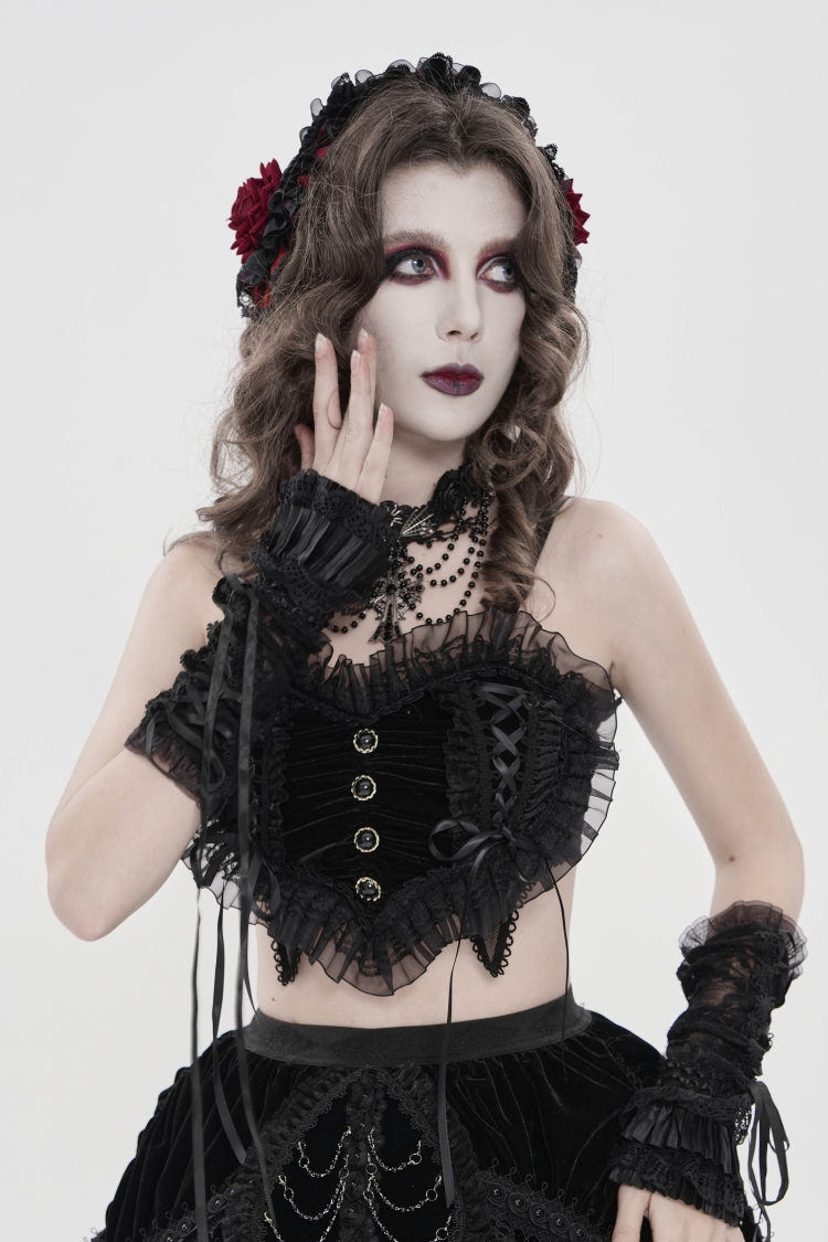 Black Off Shoulder Bow Lace Lace-Up Women's Gothic Ruffled Corset - Product - 10