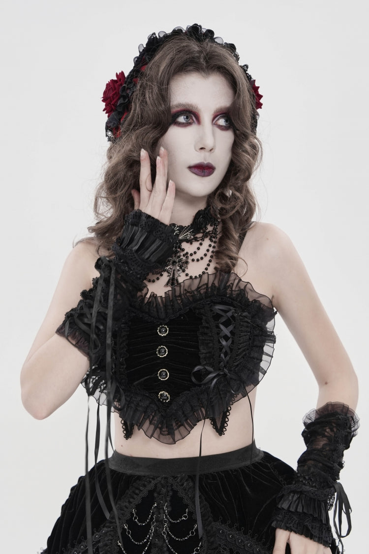 Black Off Shoulder Bow Lace Lace-Up Women's Gothic Ruffled Corset - Product - 10