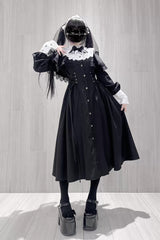 Black/White [Silent Prayer] Long Sleeves Ruffled Bow Lace-Up Gothic Jirai Kei Long Dress - Product - 3