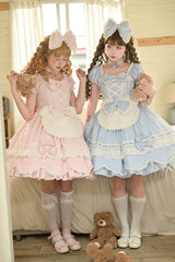 Pink [Petal Bunny] Cotton Square Collar Short Sleeves Double-Layered Ruffled Bow Lace Lace-Up Sweet Lolita Dress - Product - 25