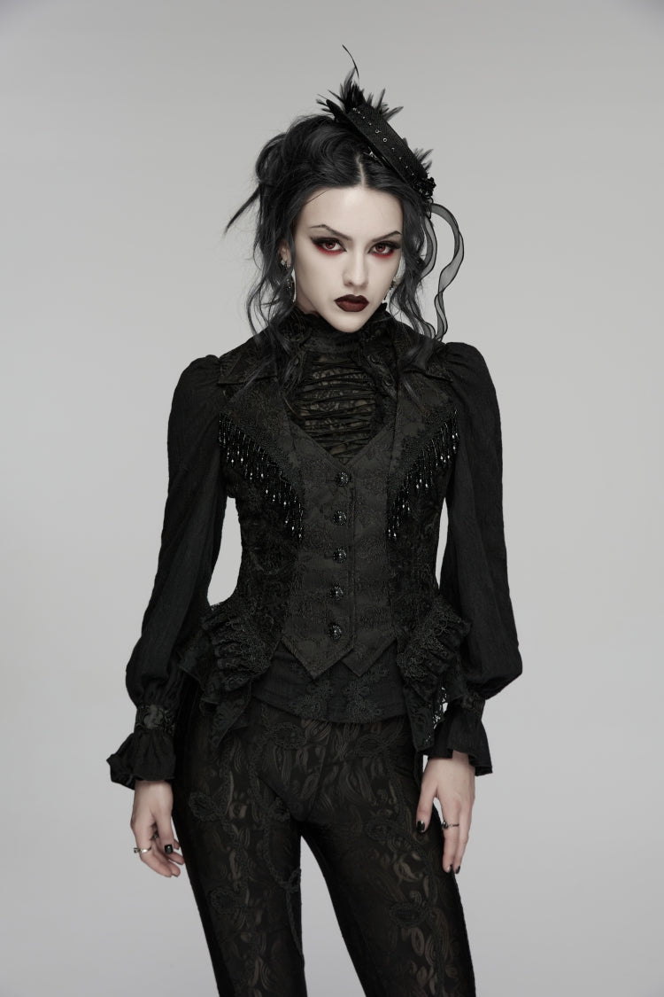 Black V Collar Sleeveless Cut-Out Lace Slim Women's Gothic Cool Vest - Black - 1