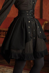 Black High Waisted Striped Print Button Leather Girdle Stitching Gothic Skirt - Product - 4