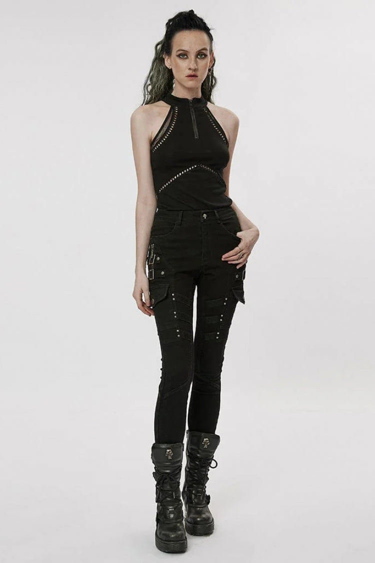 Black Off Shoulder Hollow Stitching Slim Mesh Womens Steampunk Vest - Product - 4