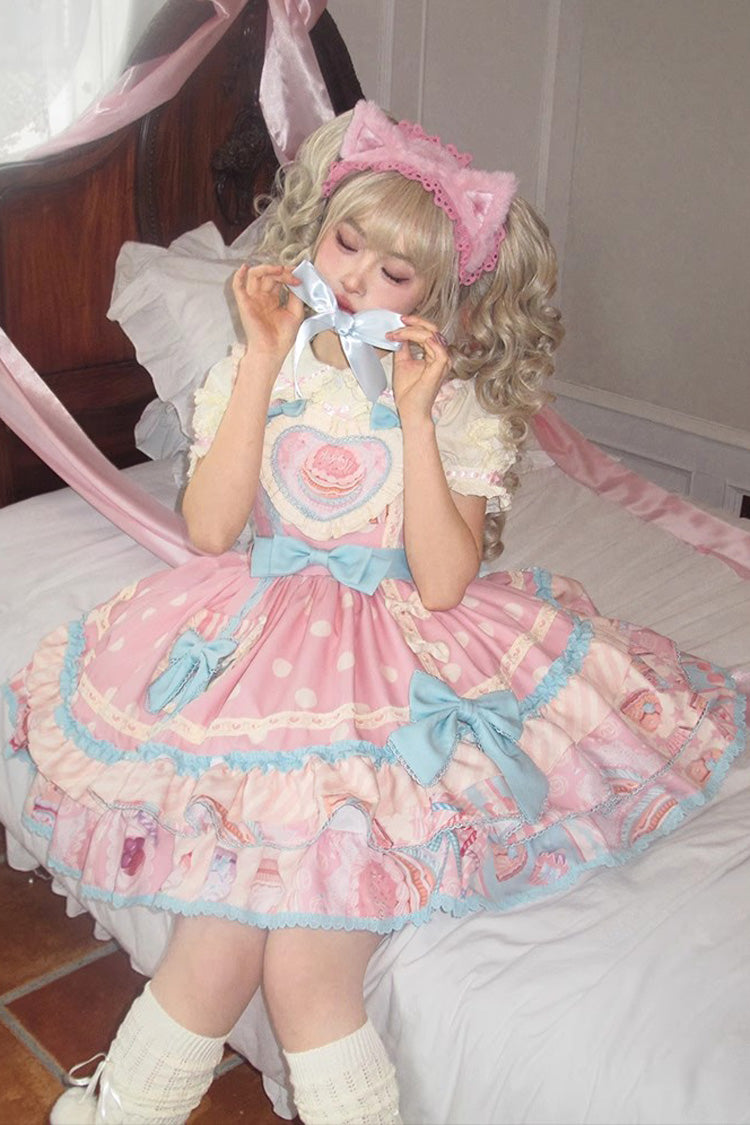 Pink Multi-layer Frosted Sugar Sweetheart Print Bowknot Sweet Lolita Jsk Dress - Product - 2