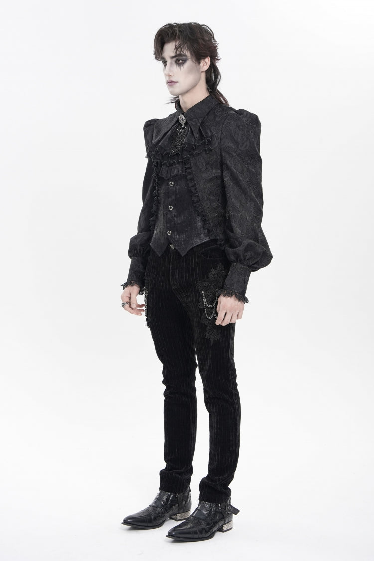 Black Lapel Collar Long Lantern Sleeves Jacquard Embroidered Lace Men's Gothic Palace Swallow-tailed Shirt with Necktie - Product - 3