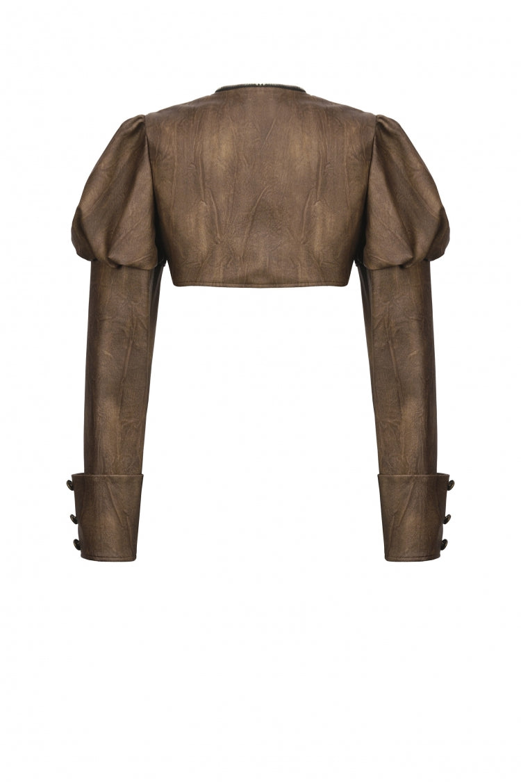 Brown Long Puff Sleeves Zippered Metal-Accented Women's Steampunk Vintage Wrap - Product - 16