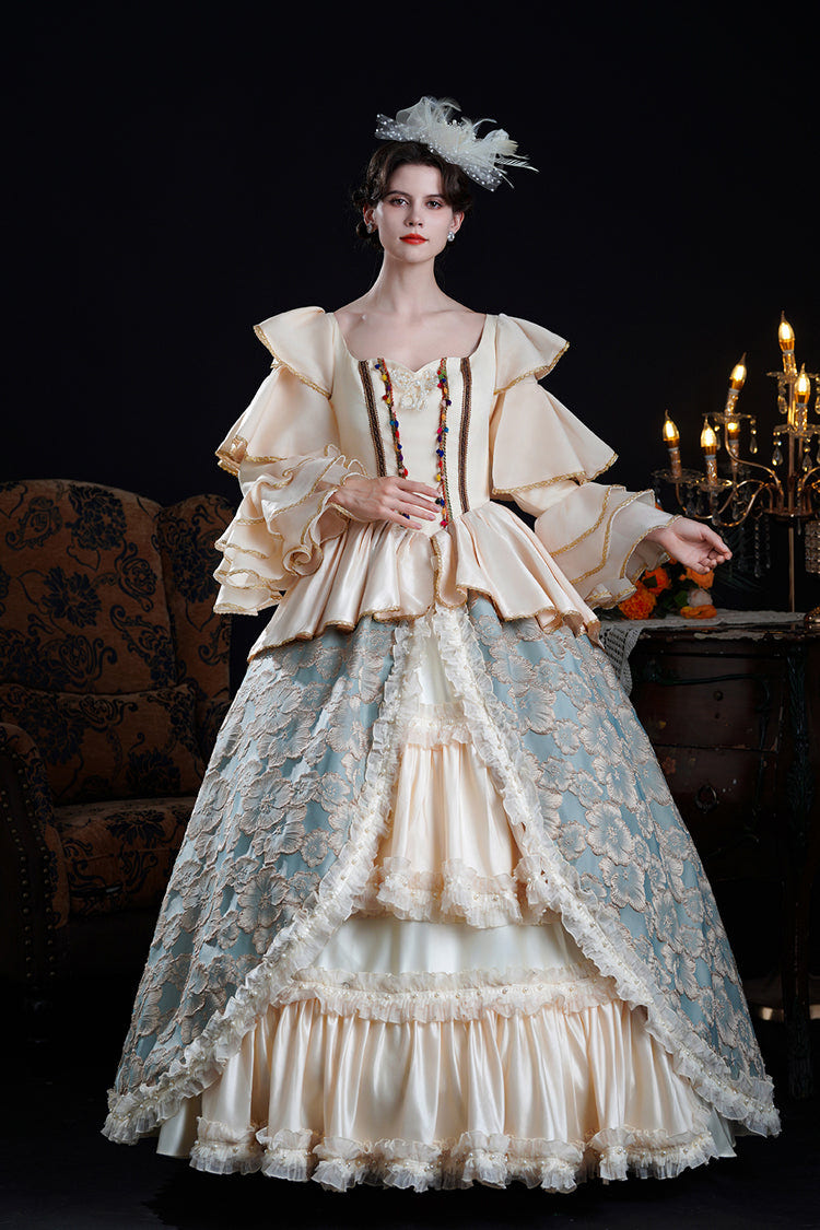 Blue/Champagne Half Trumpet Sleeves Ruffle Embroidery Cardigan Lace Classic Princess Palace Lolita Victorian Dress - Product - 2