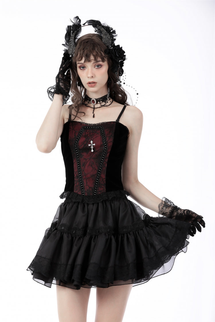 Dark Red Cross Shoulder Straps Jacquard Lace-Up Women's Gothic Overbust Corset - Product - 6