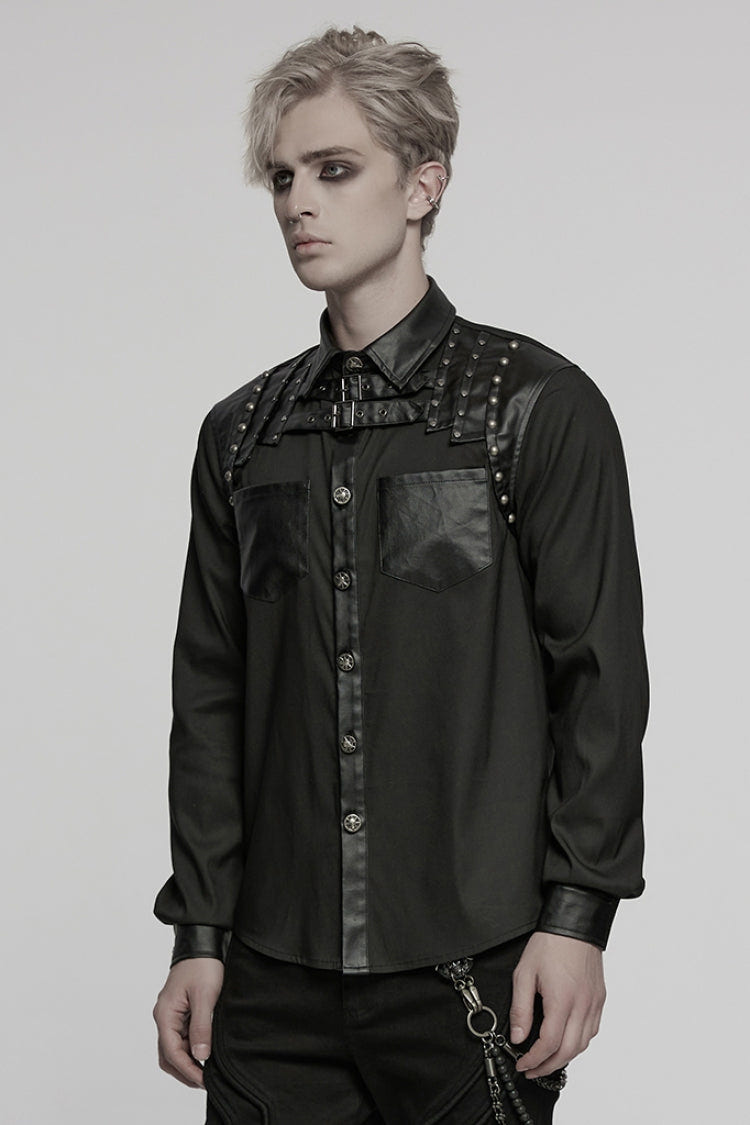 Black Lapel Collar Long Sleeves Faux Leather Stitching Buckle Men's Punk Blouse - Product - 2