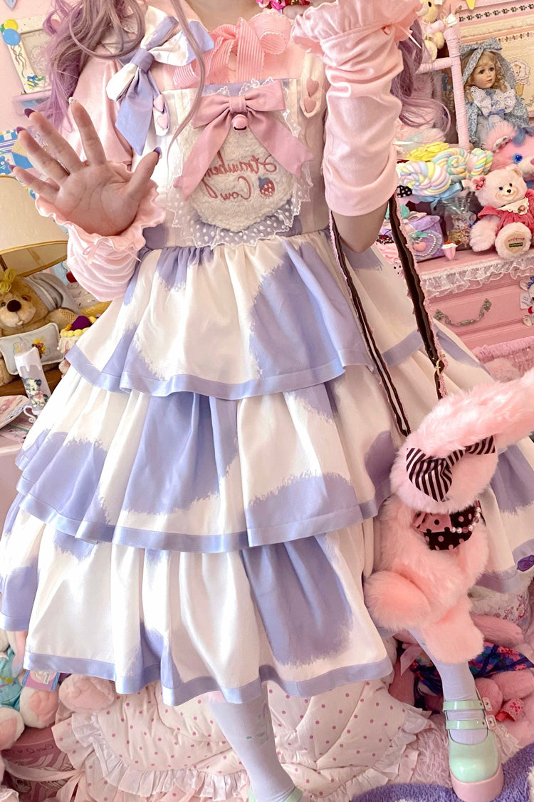 Blue Sleeveless Triple-Layered Cow Print Ruffle Bowknot Sweet (Dress Only) detail view 17