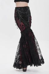 Black/Red Double-Layered Embroidered Lace Slim Pearl-Decorated Women's Gothic Skirt - Product - 11
