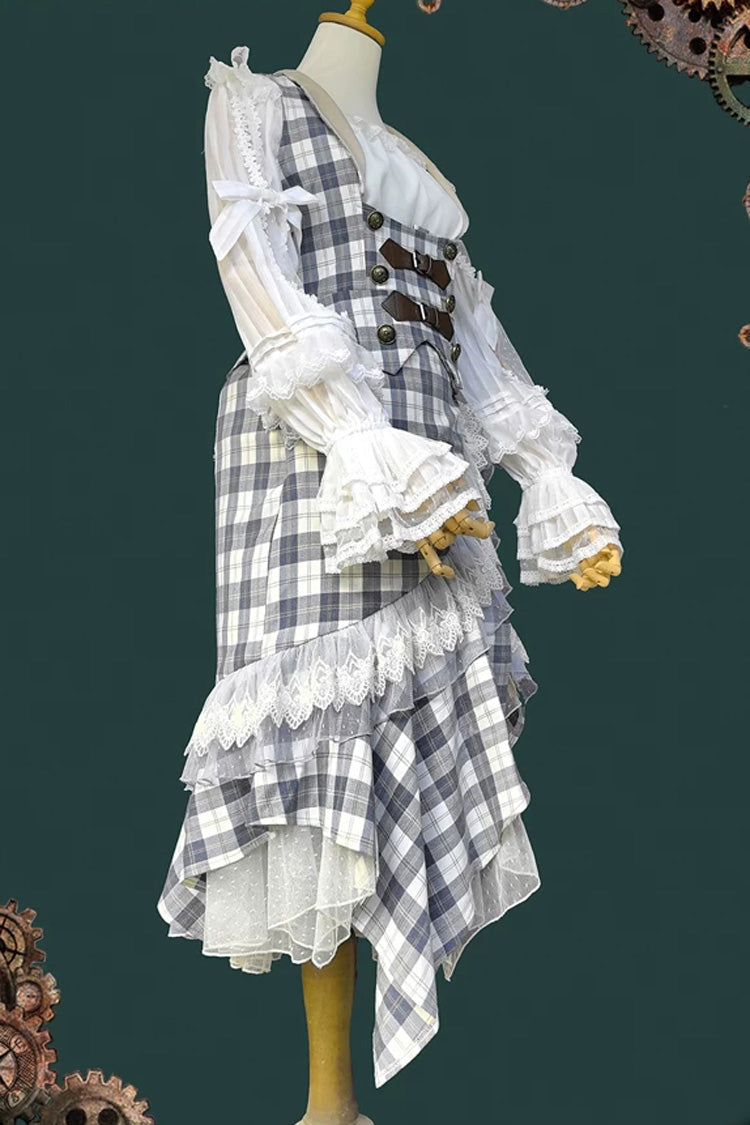 Blue Plaid [The Traveler] Sleeveless Ruffled Irregular Asymmetric Punk Lolita Skirt Set - Product - 2
