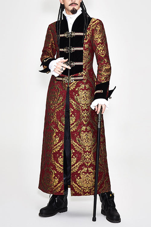 Pirate Style Red And Gold Jacquard Gothic Mens Long Coat - Red/Gold - 1