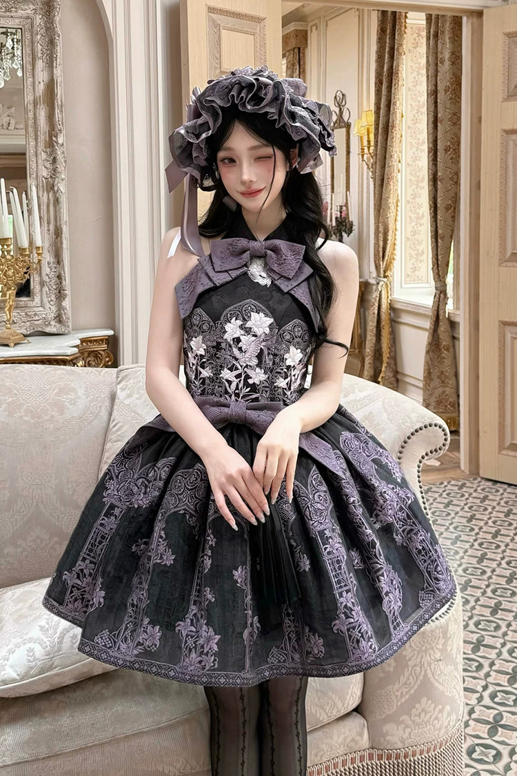 [Stained Glass Dream] Halterneck Sleeveless Printed Embroidered Bow Gothic Lolita Dress 2 Colors (Black/Purple, White/Purple) - Product - 5