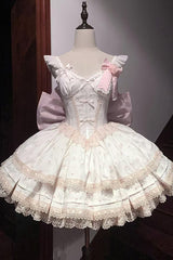 Pink [First Love Rose] Multi-Layered Print Ruffle Bowknot Lace Sweet Lolita Jsk Dress Set - Product - 2