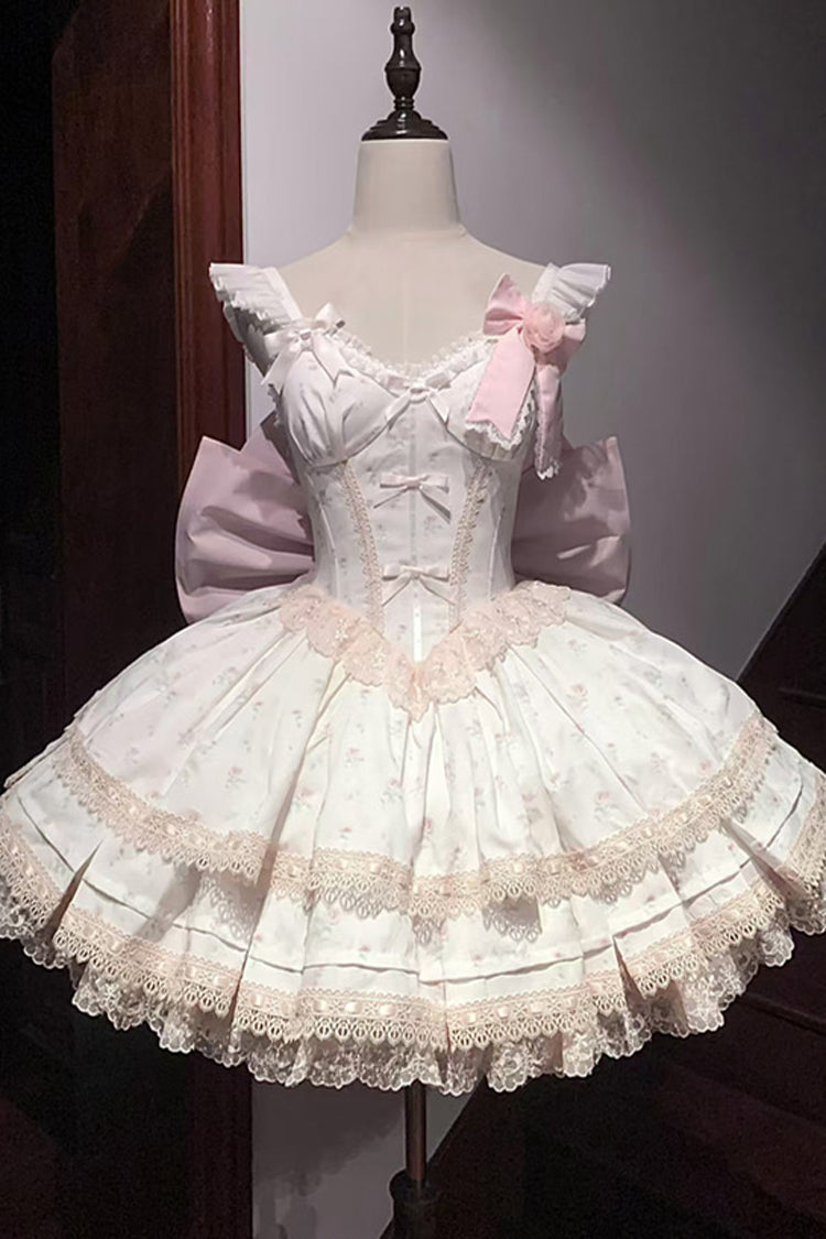 Pink [First Love Rose] Multi-Layered Print Ruffle Bowknot Lace Sweet Lolita Jsk Dress Set - Product - 2