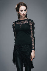 Black Sexy Lace Pattern Long Sleeves Gothic Womens T-Shirt - Product - 3