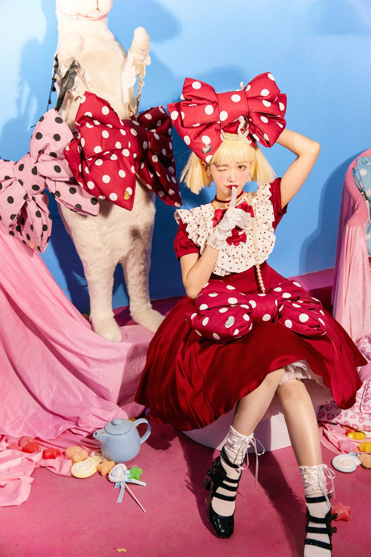 Red/White Polka Dot Print Bowknot Shaped Sweet Lolita Backpack - Product - 9