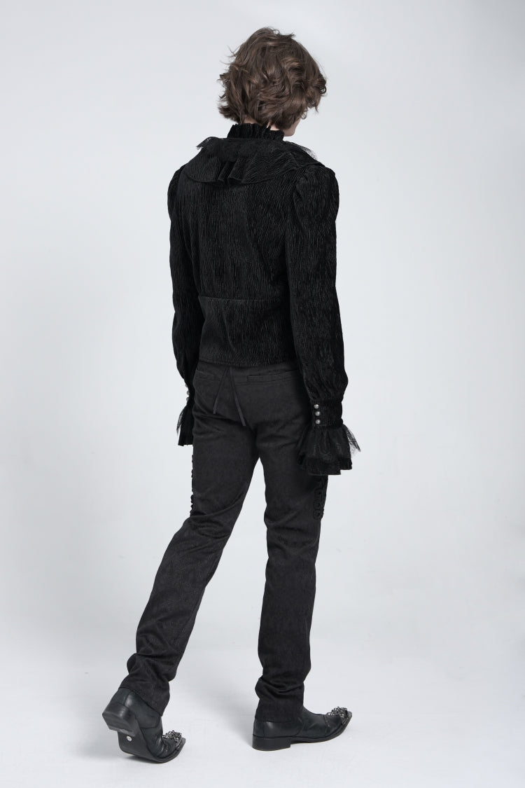 Black V Collar Long Sleeves Ruffle Stitching Lace Men's Gothic Blouse - Product - 4