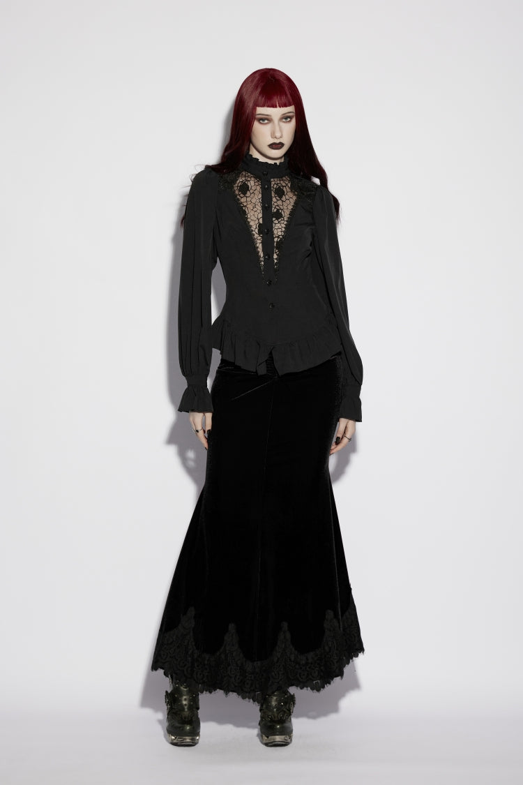 Black Stand Collar Long Lantern Sleeves Cut-Out Embroidered Spliced Lace-Up Slim Sheer Mesh Pleated Women's Gothic Palace Blouse - Product - 5