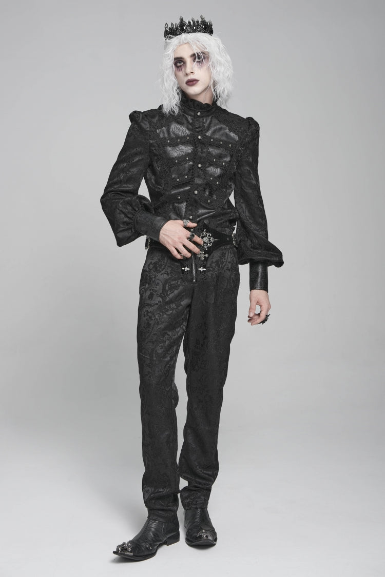 Black Stand Collar Long Lantern Sleeves Floral Print Embroidery Men's Gothic Blouse - Product - 11