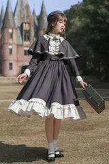 Dark Blue [Berlin Evening News] Long Sleeves Striped Print Ruffle Bowknot British College Style Elegant Sweet Lolita Dress - Product - 15